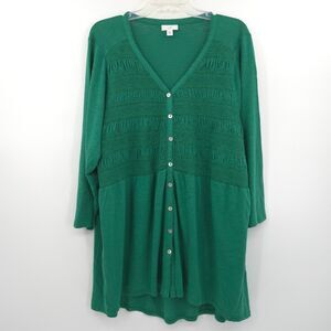 J. Jill womens smocked button up knit tunic top Size 2X green 3/4 sleeve